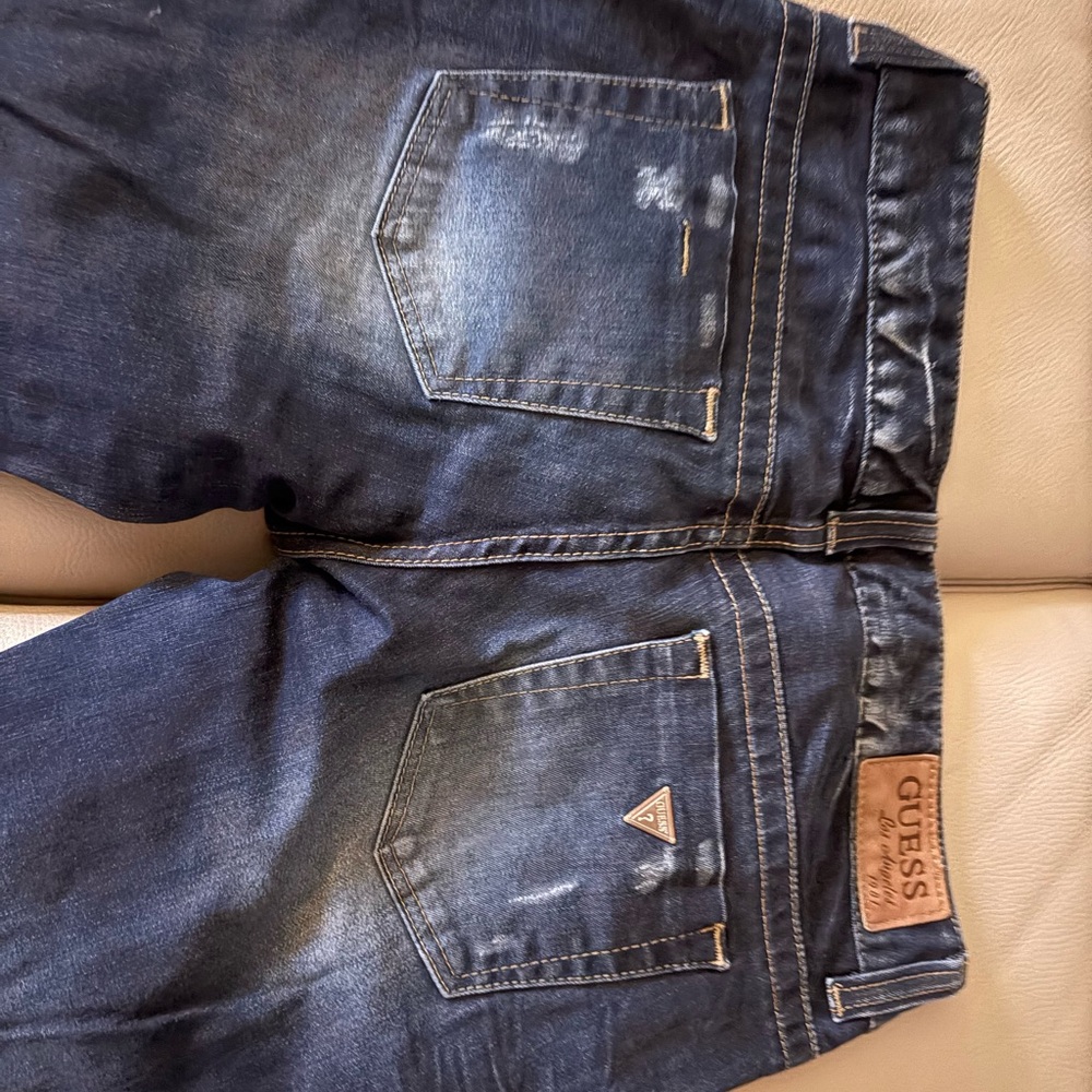 Guess Blue Straight Leg Jeans with Gold Stitching